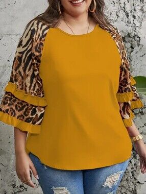Mustard Yellow Ruffle-Sleeve Top with Animal Print Sleeves